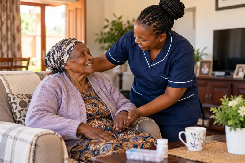 A smiling caregiver in a navy uniform holds the hand of an older woman seated on a sofa in her living room